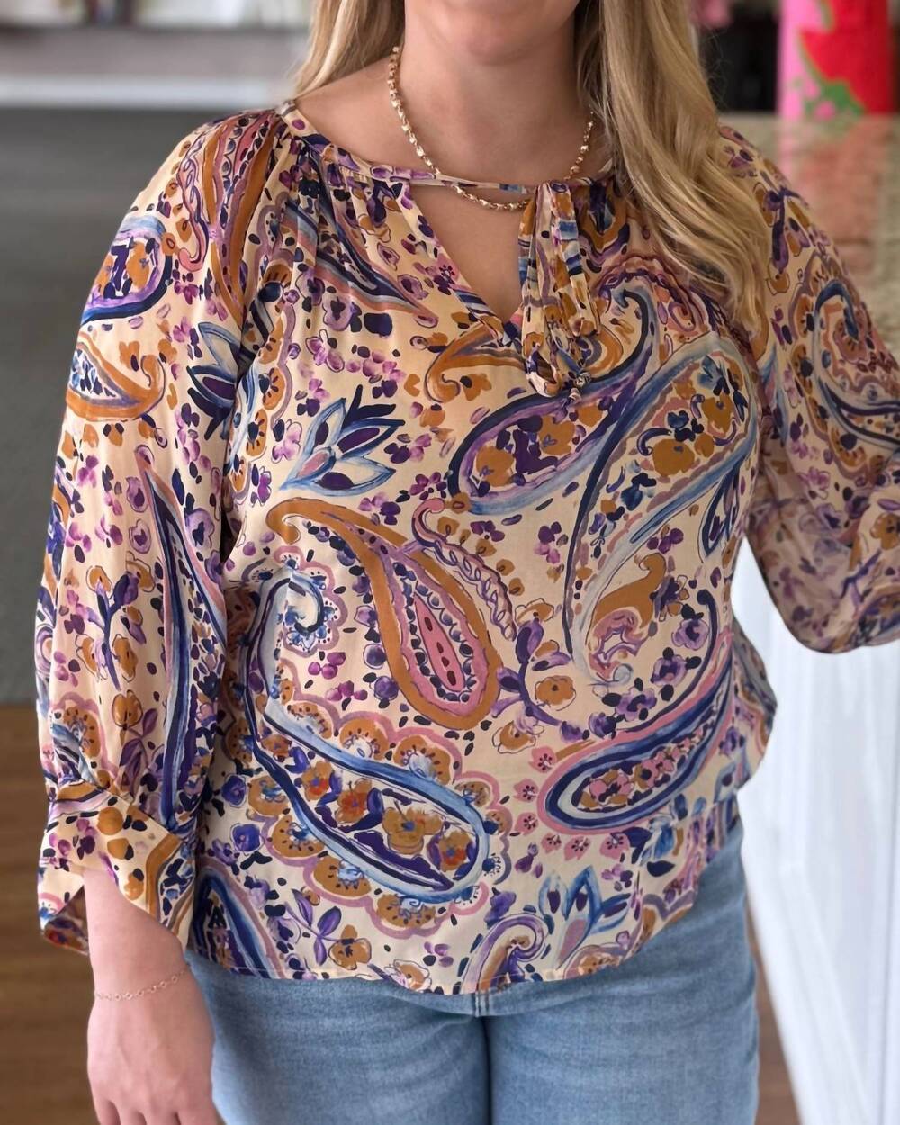 NEW KAREN KANE autumn paisley tie-neck blouse in lavender